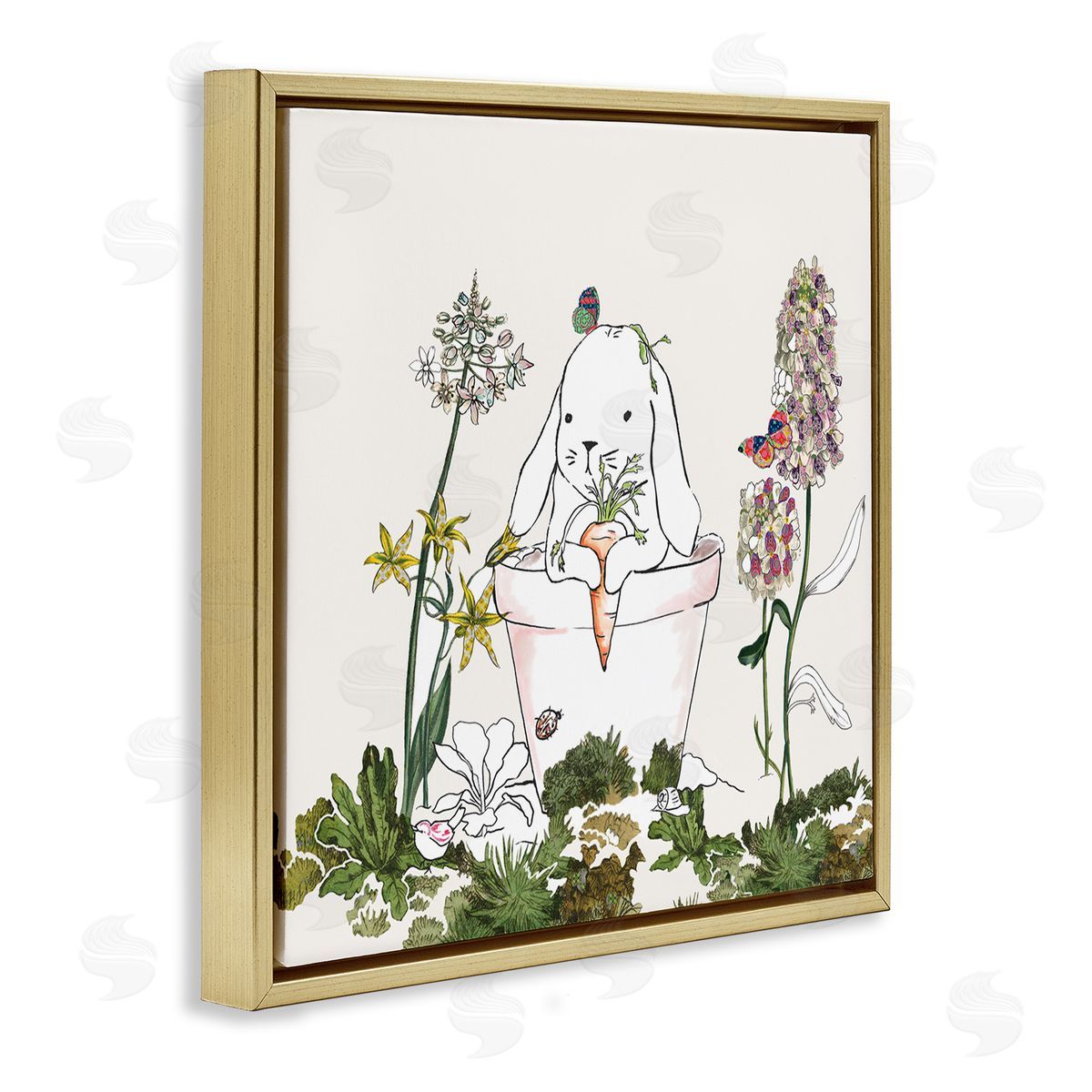 Sangita Bachelet Bunny in Flower Pot Lilac Florals Blooming Gold Floater Frame Canvas Art
