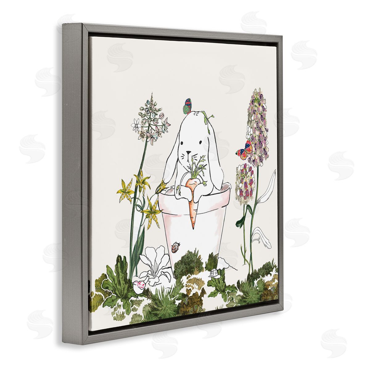 Sangita Bachelet Bunny in Flower Pot Lilac Florals Blooming Gray Floater Frame Canvas Art
