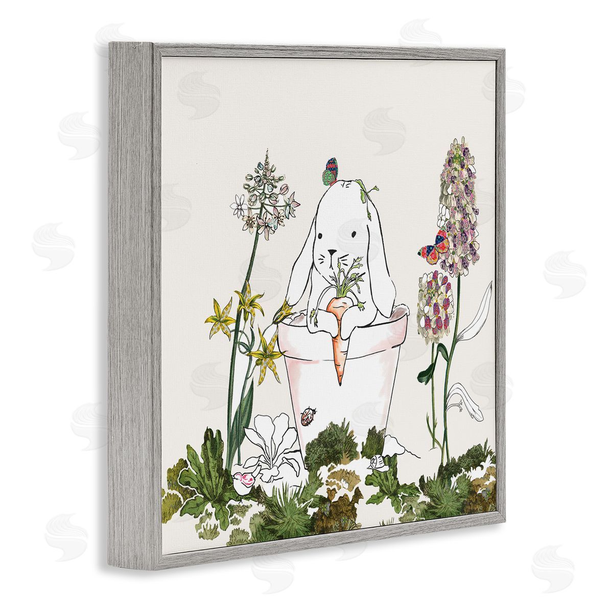 Sangita Bachelet Bunny in Flower Pot Lilac Florals Blooming Gray Framed Giclee Wall Art