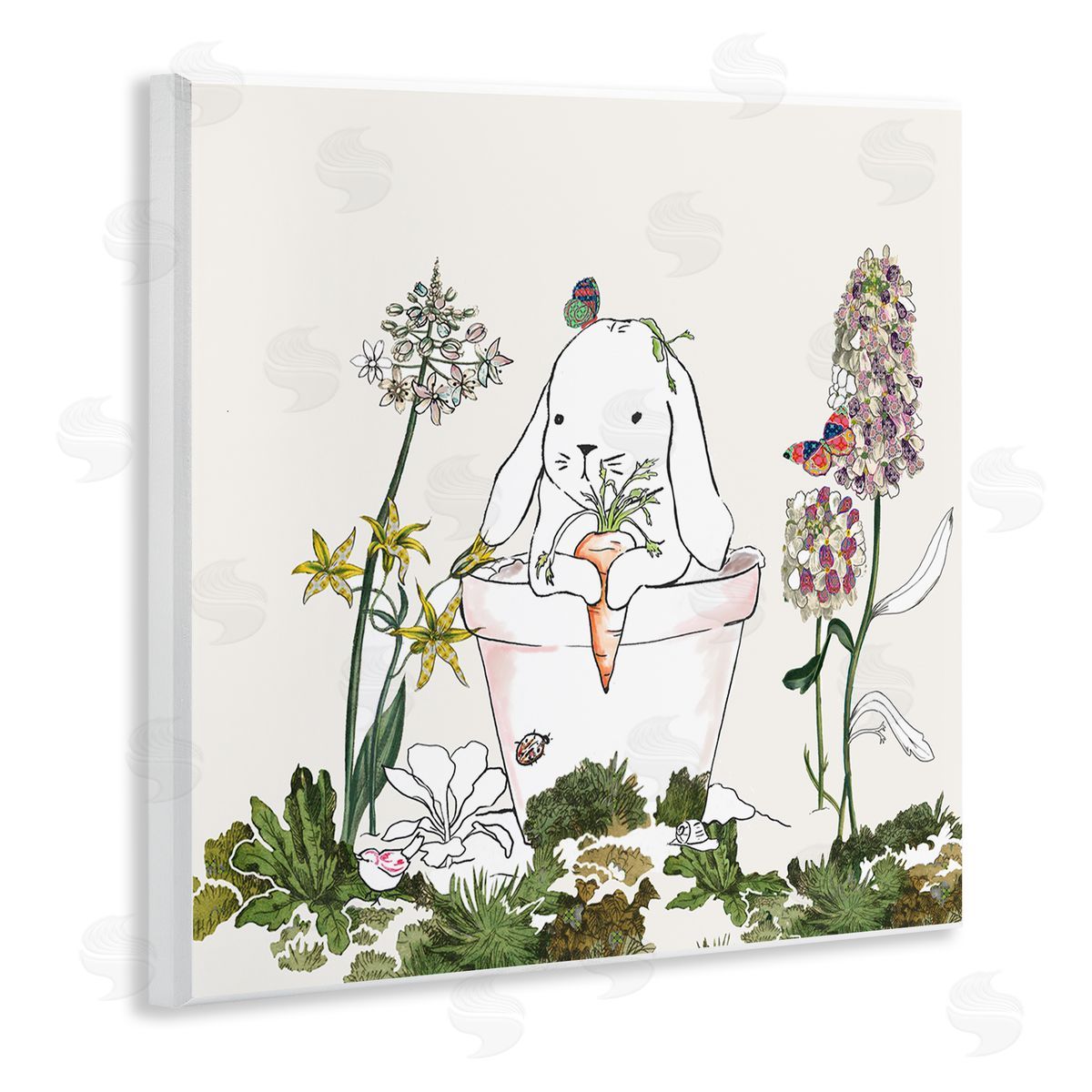 Sangita Bachelet Bunny in Flower Pot Lilac Florals Blooming Wall Plaque Art