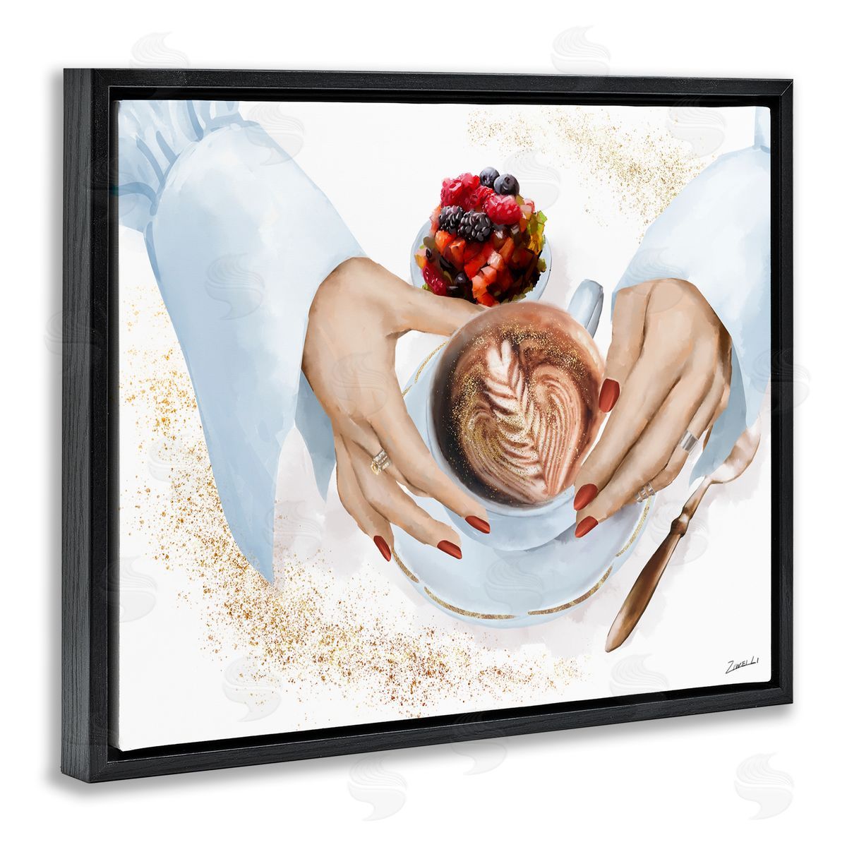 Ziwei Li Hands Holding Cappuccino Glam Fashion Detail Black Floater Frame Canvas Art