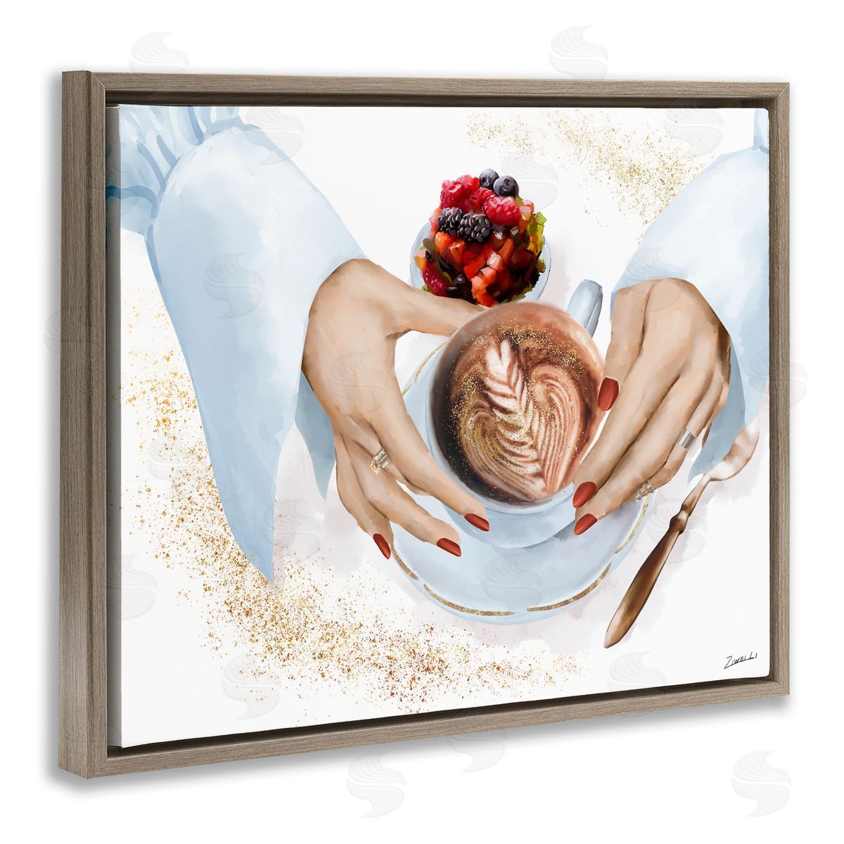 Ziwei Li Hands Holding Cappuccino Glam Fashion Detail Brown Floater Frame Canvas Art