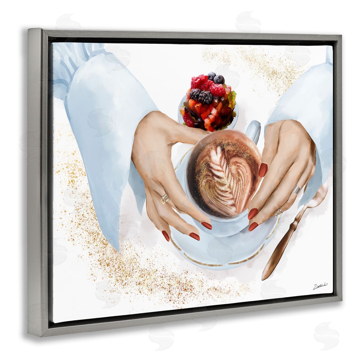 Ziwei Li Hands Holding Cappuccino Glam Fashion Detail Gray Floater Frame Canvas Art