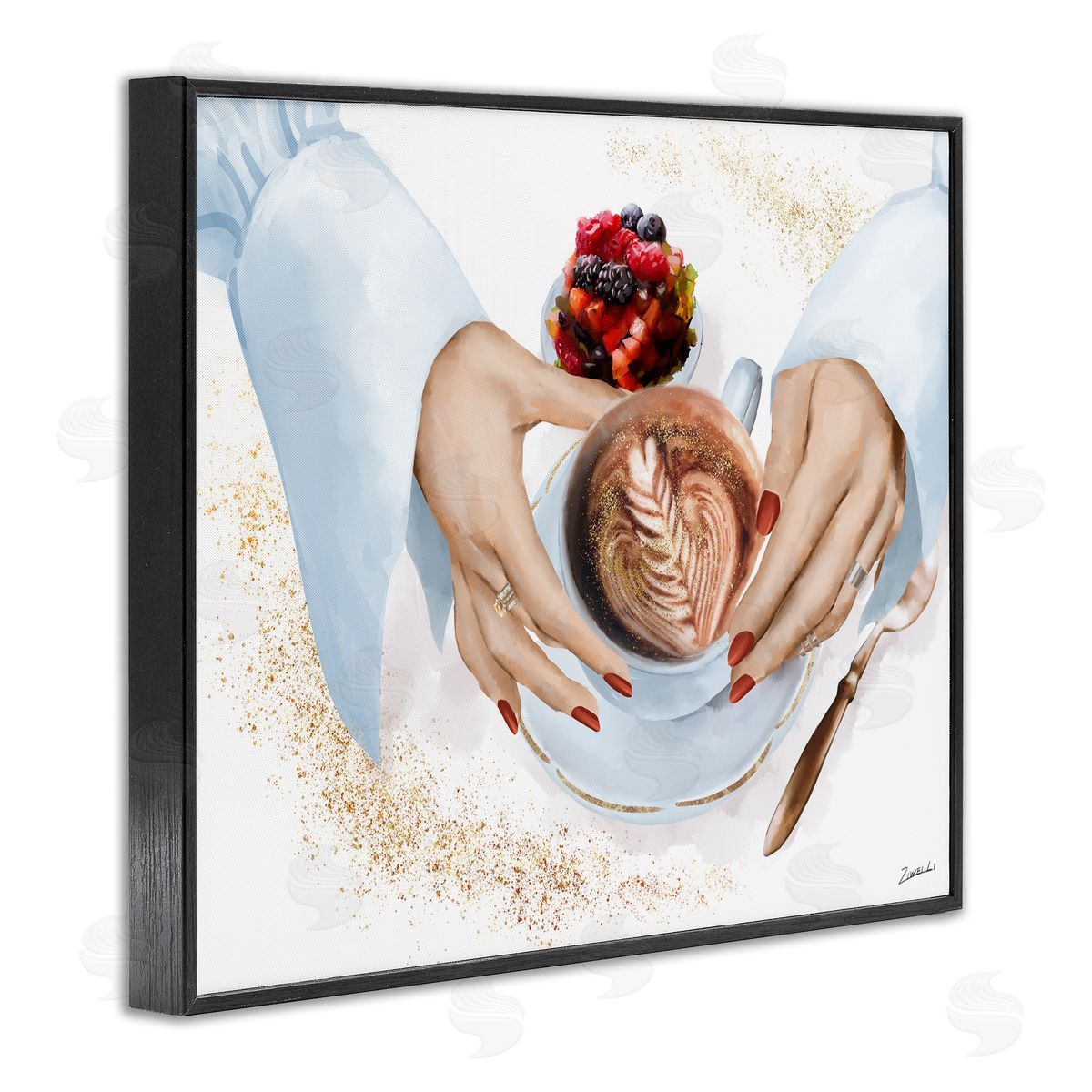 Ziwei Li Hands Holding Cappuccino Glam Fashion Detail Black Framed Giclee Wall Art