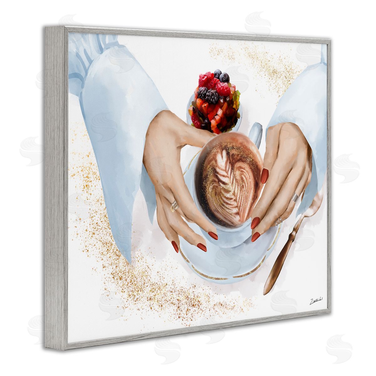 Ziwei Li Hands Holding Cappuccino Glam Fashion Detail Gray Framed Giclee Wall Art