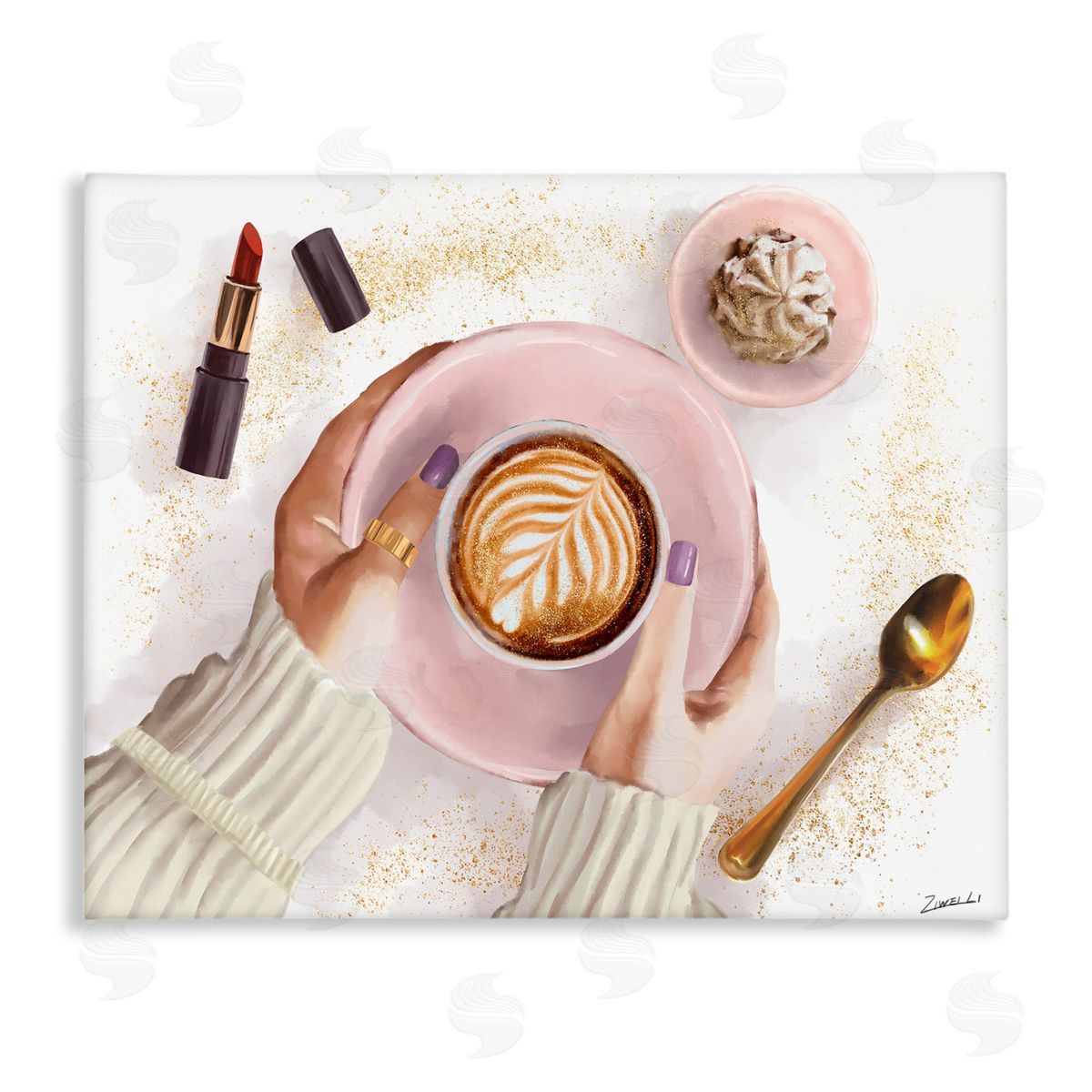 Ziwei Li Caf� Cappuccino Cup with Glam Fashion Lipstick Canvas Wall Art