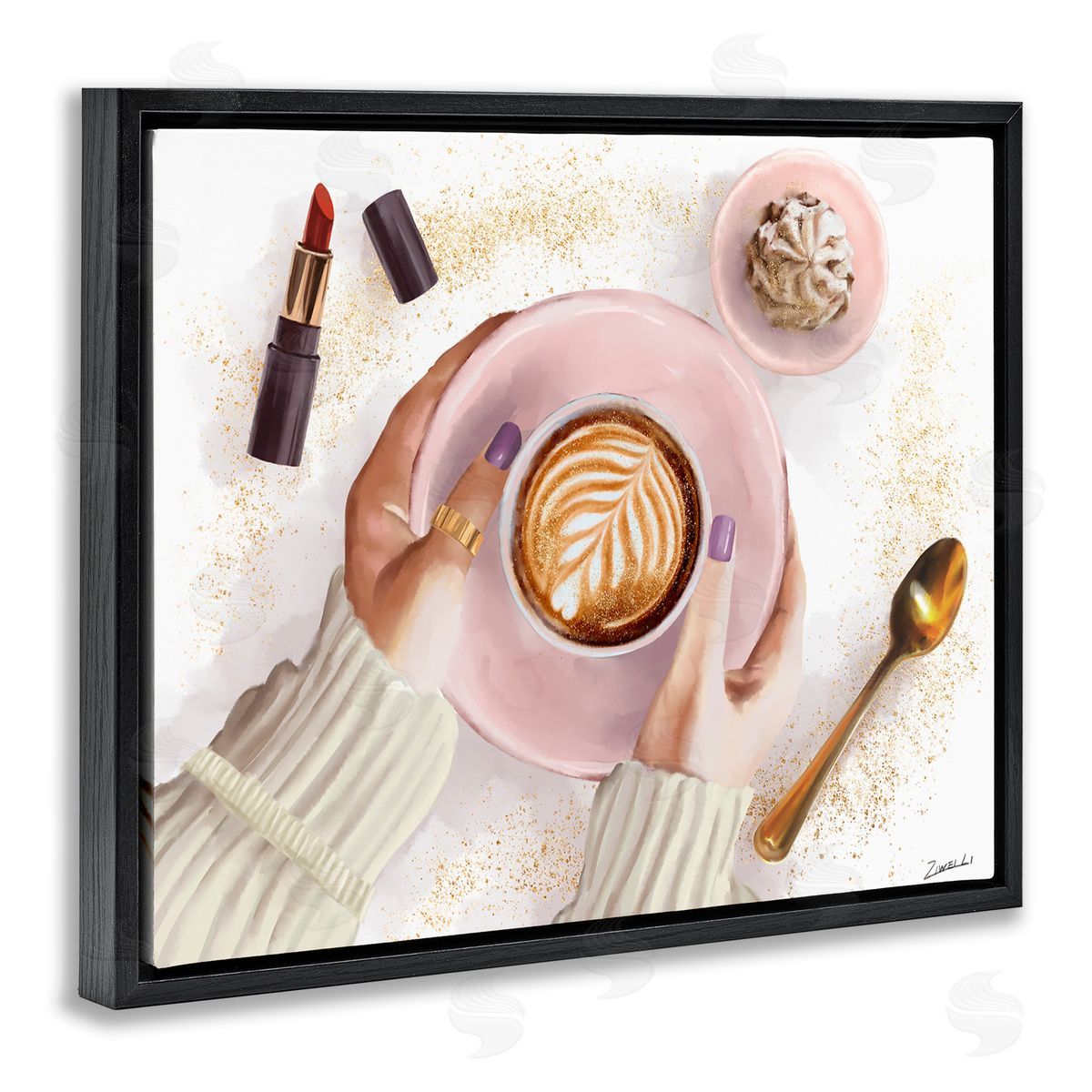 Ziwei Li Caf� Cappuccino Cup with Glam Fashion Lipstick Black Floater Frame Canvas Art