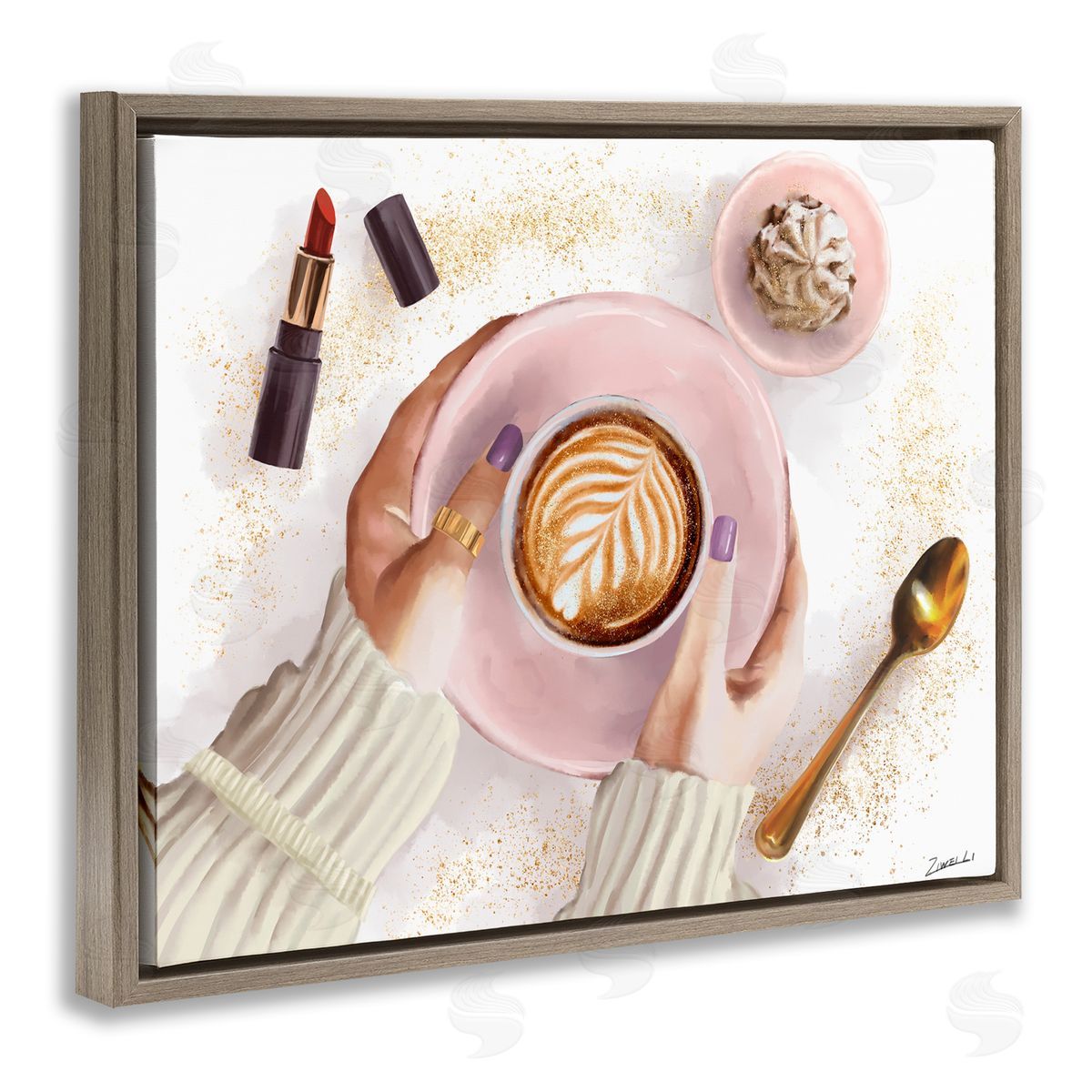 Ziwei Li Caf� Cappuccino Cup with Glam Fashion Lipstick Brown Floater Frame Canvas Art