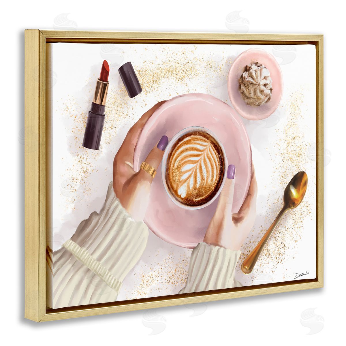 Ziwei Li Caf� Cappuccino Cup with Glam Fashion Lipstick Gold Floater Frame Canvas Art