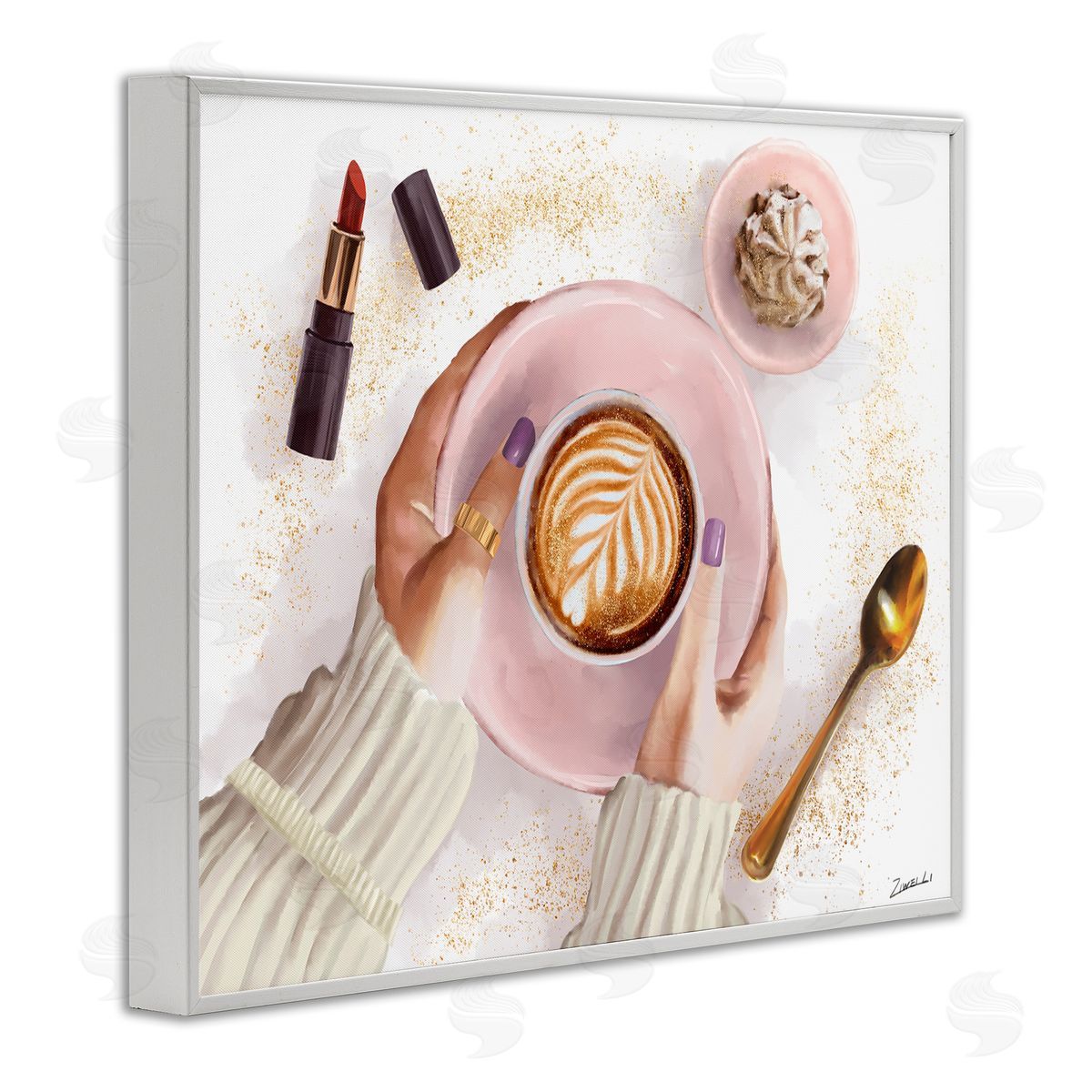 Ziwei Li Caf� Cappuccino Cup with Glam Fashion Lipstick White Framed Giclee Wall Art