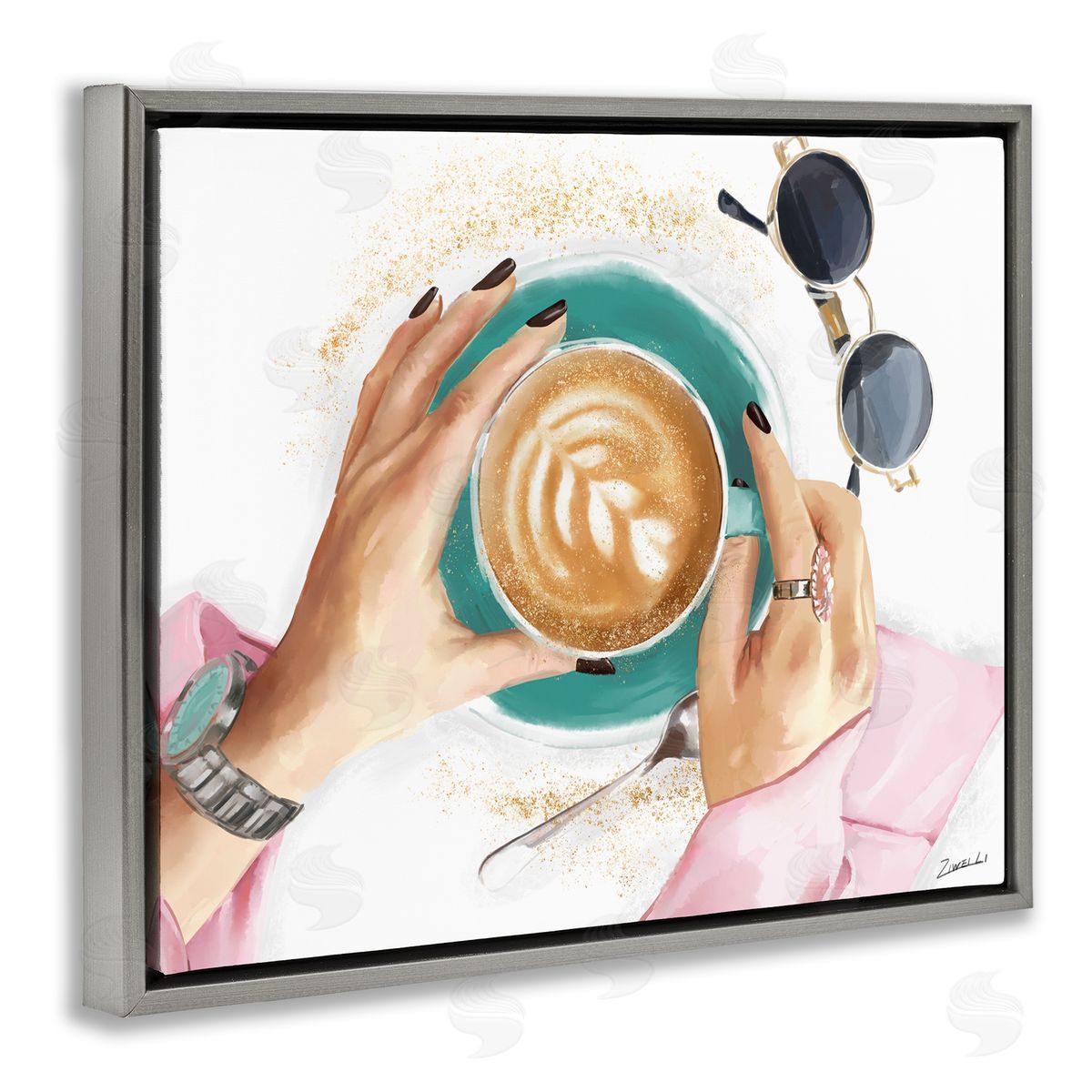 Ziwei Li Fashionista Coffee Cup Cappuccino Glam Detail Gray Floater Frame Canvas Art