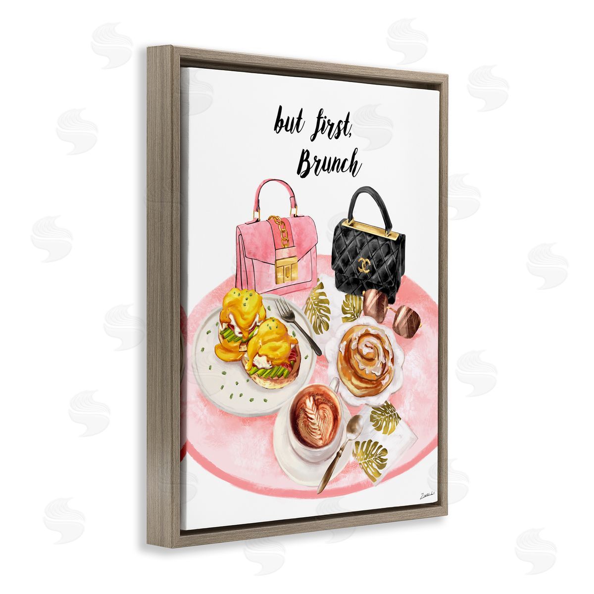 Ziwei Li But First Brunch Phrase Glam Breakfast Table Brown Floater Frame Canvas Art