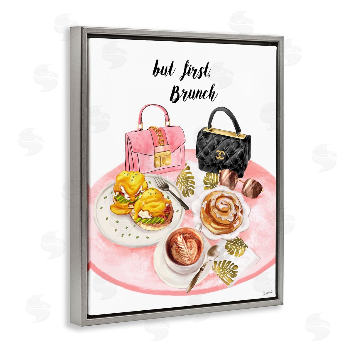 Ziwei Li But First Brunch Phrase Glam Breakfast Table Gray Floater Frame Canvas Art