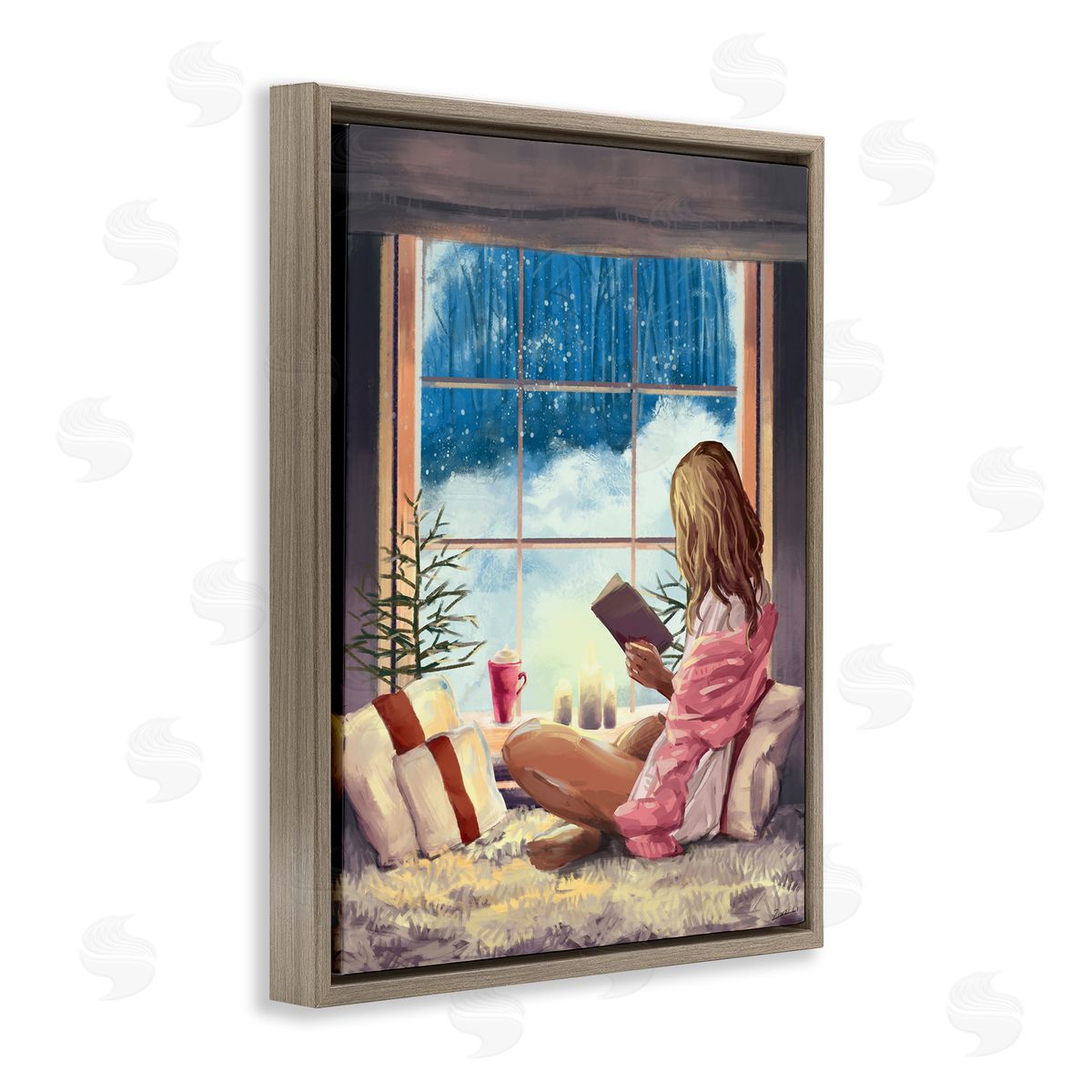 Ziwei Li Girl Reading by Snowy Window Winter Holiday Brown Floater Frame Canvas Art