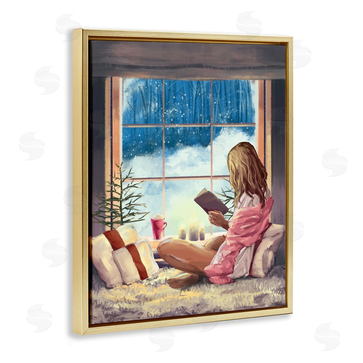 Ziwei Li Girl Reading by Snowy Window Winter Holiday Gold Floater Frame Canvas Art