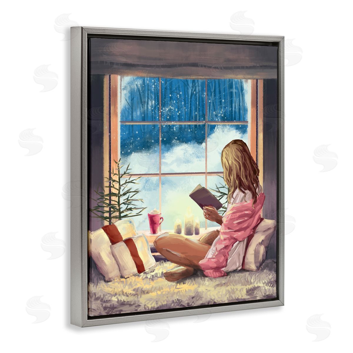 Ziwei Li Girl Reading by Snowy Window Winter Holiday Gray Floater Frame Canvas Art
