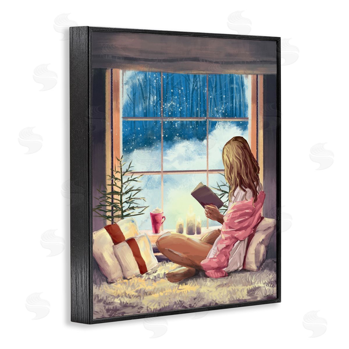 Ziwei Li Girl Reading by Snowy Window Winter Holiday Black Framed Giclee Wall Art