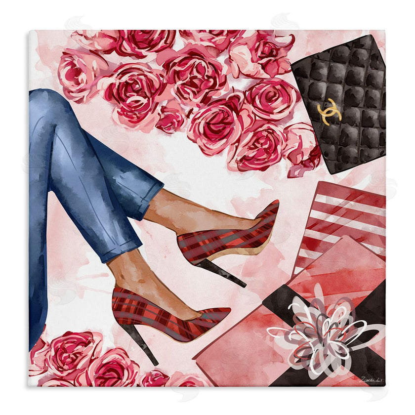 Ziwei Li | Red Plaid Heels Pink Florals Wrapped Presents