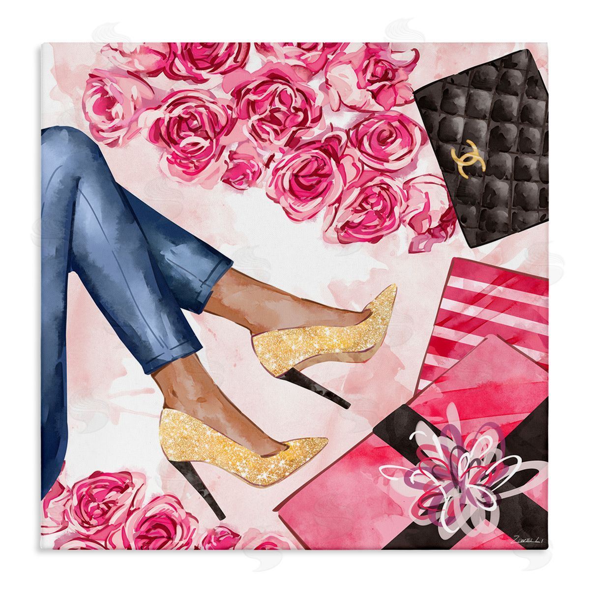 Ziwei Li Golden Sparkle Heels Wrapped Presents Pink Florals Canvas Wall Art