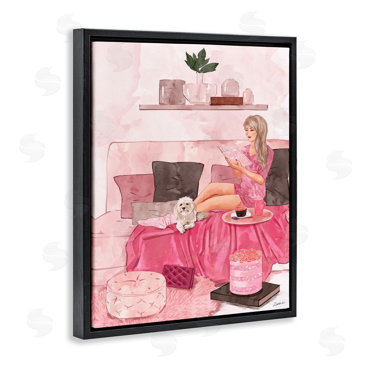 Ziwei Li Fashionista Reading with Dog Pink Room Interior Black Floater Frame Canvas Art