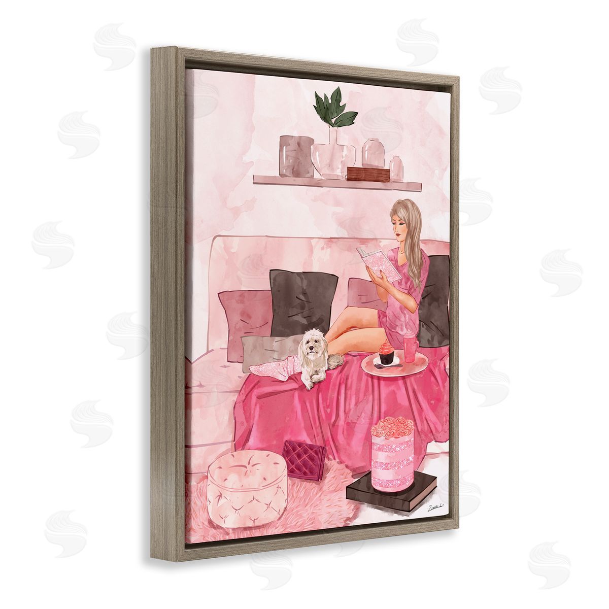 Ziwei Li Fashionista Reading with Dog Pink Room Interior Brown Floater Frame Canvas Art