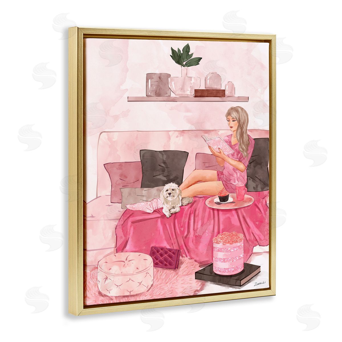 Ziwei Li Fashionista Reading with Dog Pink Room Interior Gold Floater Frame Canvas Art