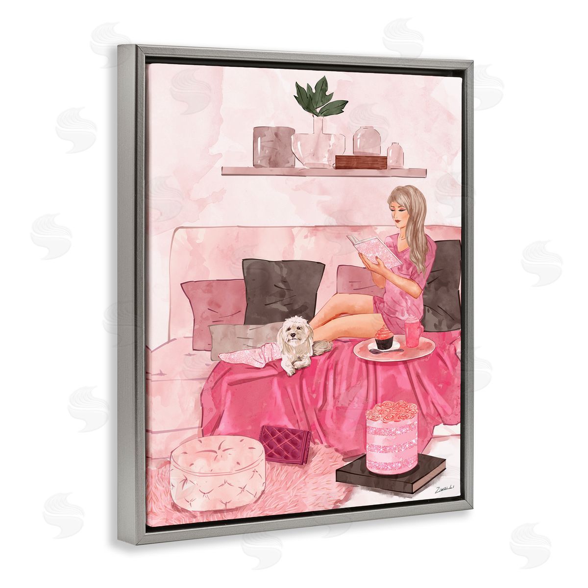 Ziwei Li Fashionista Reading with Dog Pink Room Interior Gray Floater Frame Canvas Art