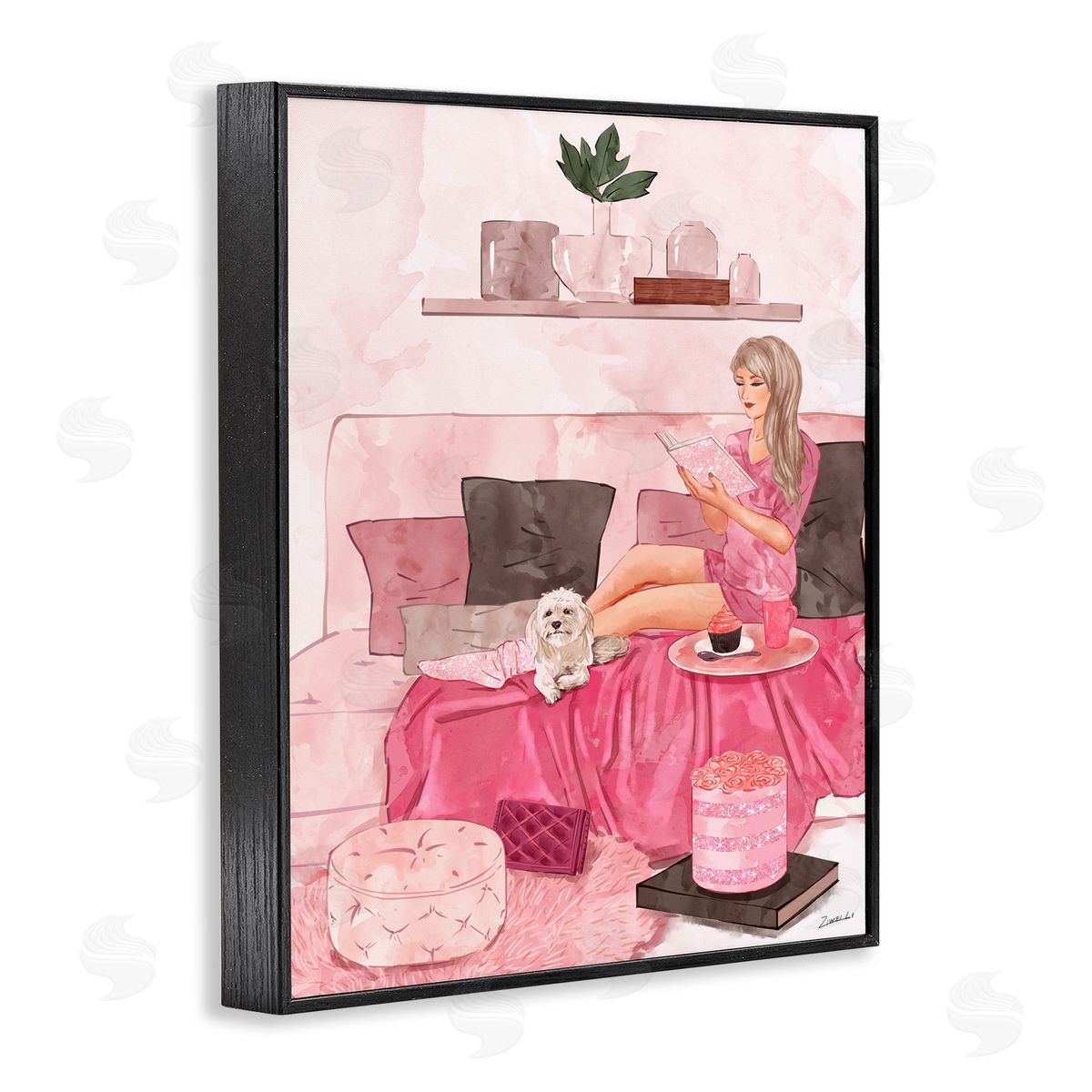 Ziwei Li Fashionista Reading with Dog Pink Room Interior Black Framed Giclee Wall Art