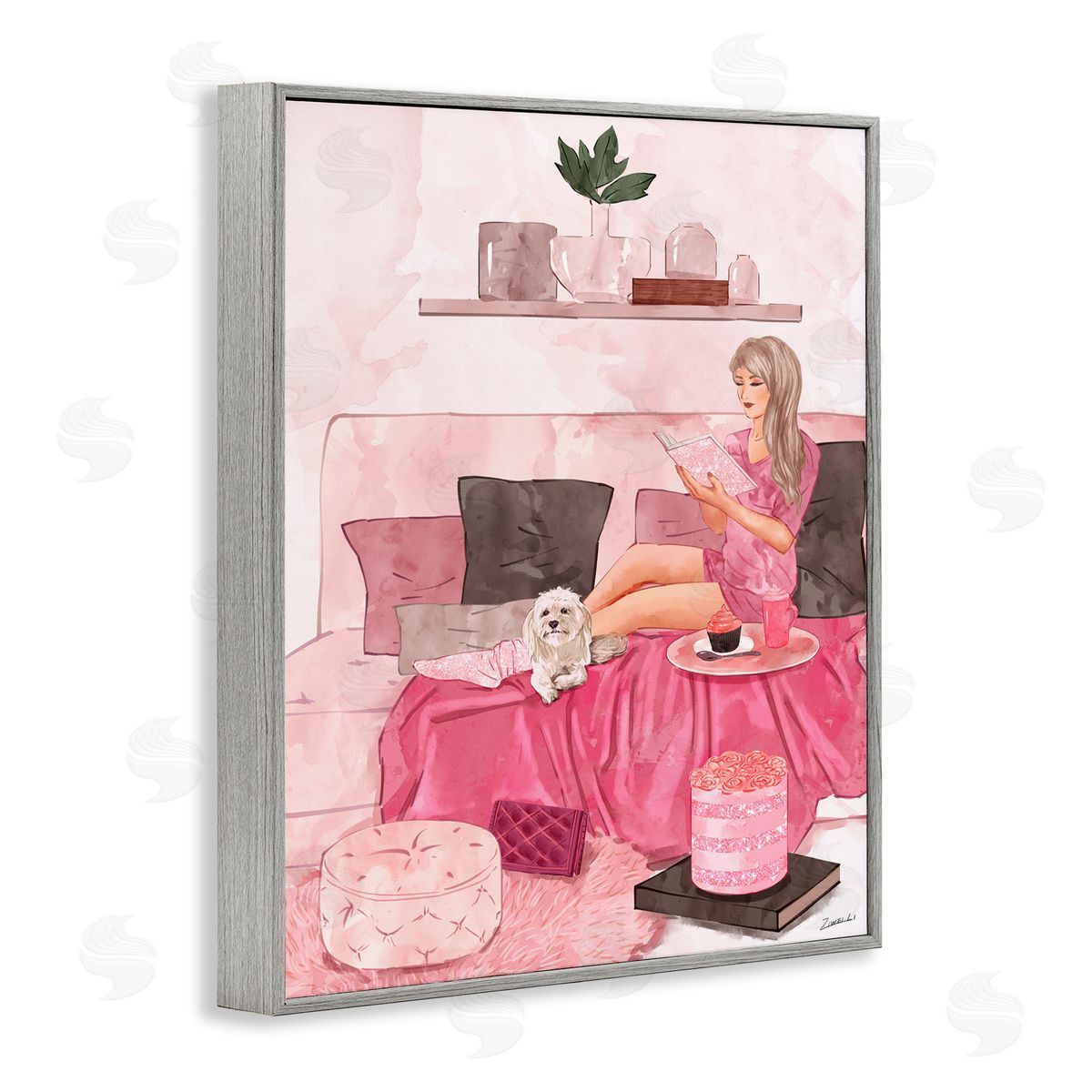 Ziwei Li Fashionista Reading with Dog Pink Room Interior Gray Framed Giclee Wall Art