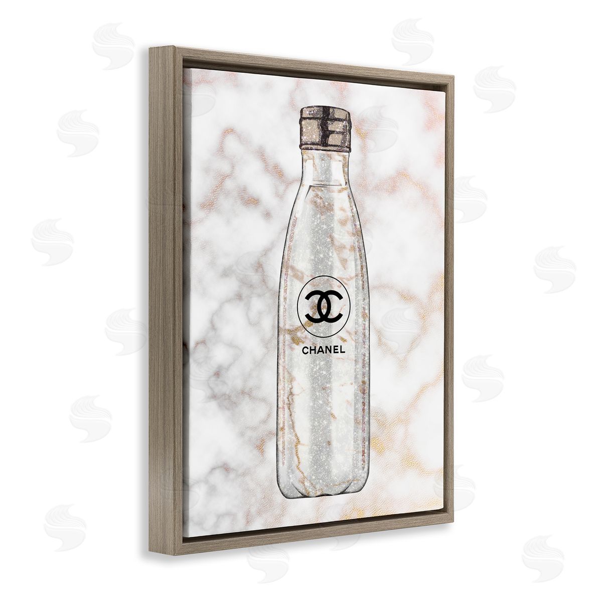 Ziwei Li Glam Fashion Water Bottle over Marble Brown Floater Frame Canvas Art