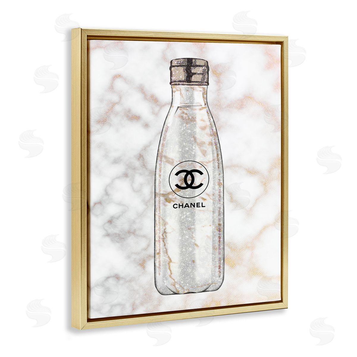 Ziwei Li Glam Fashion Water Bottle over Marble Gold Floater Frame Canvas Art