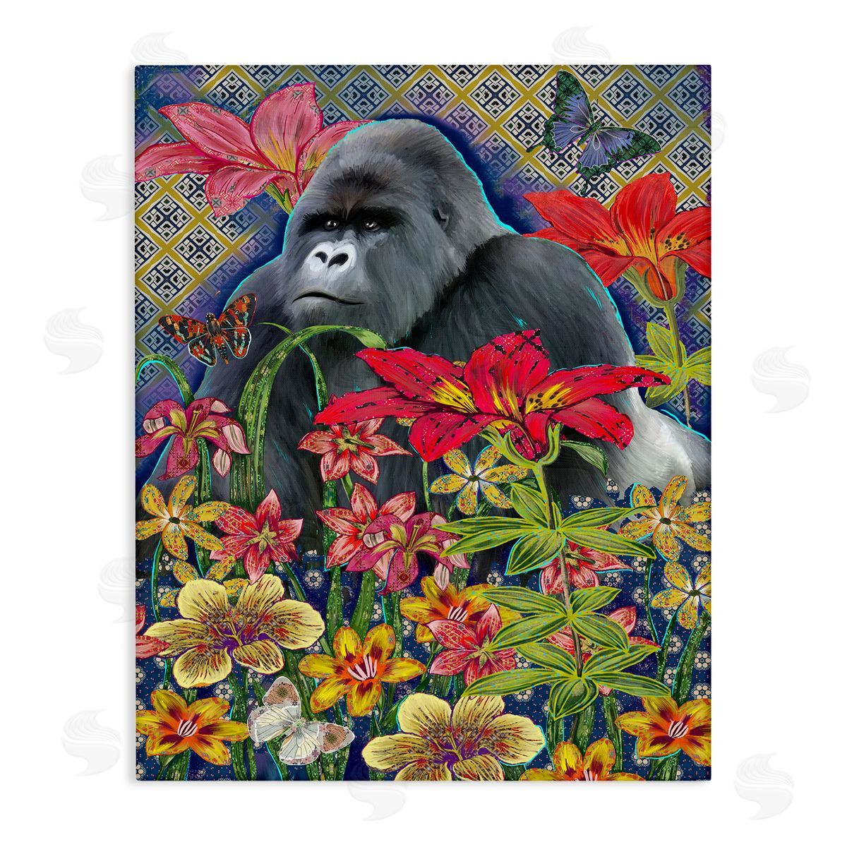 Sangita Bachelet Gorilla Standing Behind Tropical Florals Geometric Pattern Canvas Wall Art