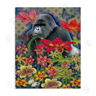 Sangita Bachelet | Gorilla Standing Behind Tropical Florals Geometric Pattern