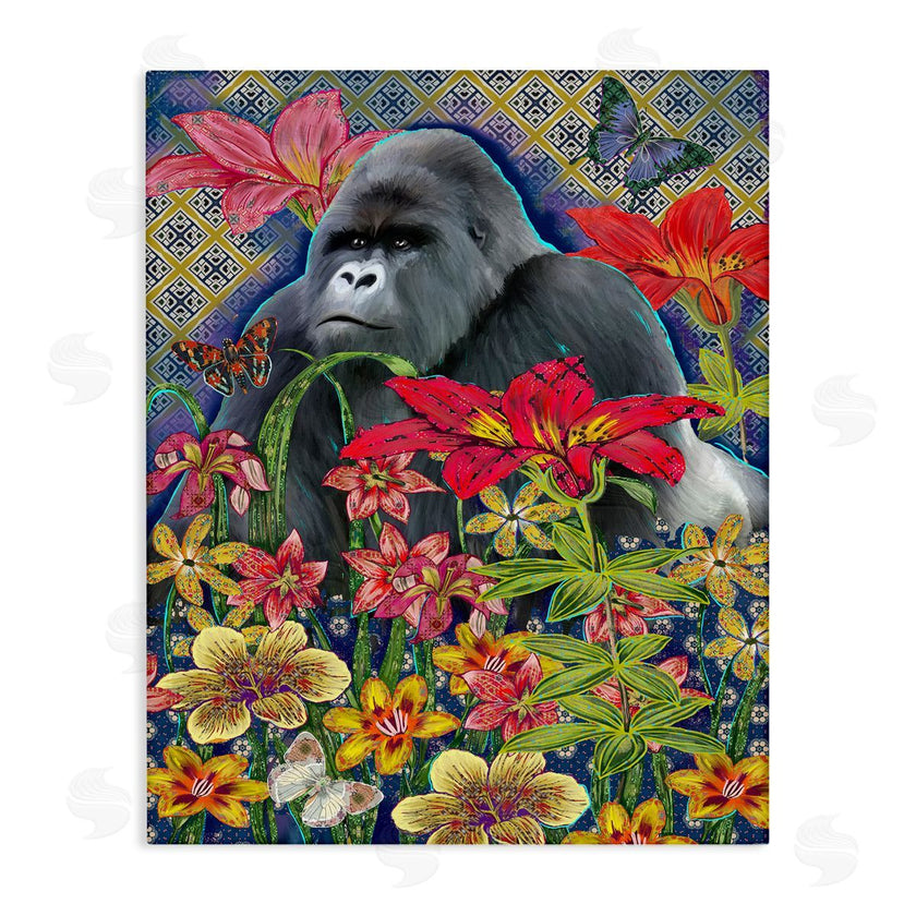 Sangita Bachelet | Gorilla Standing Behind Tropical Florals Geometric Pattern