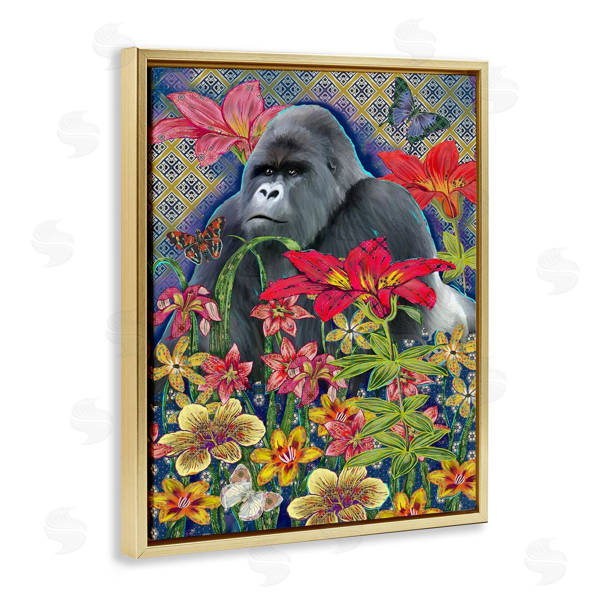 Sangita Bachelet Gorilla Standing Behind Tropical Florals Geometric Pattern Gold Floater Frame Canvas Art