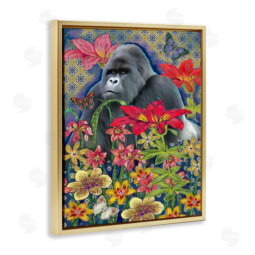 Sangita Bachelet | Gorilla Standing Behind Tropical Florals Geometric Pattern