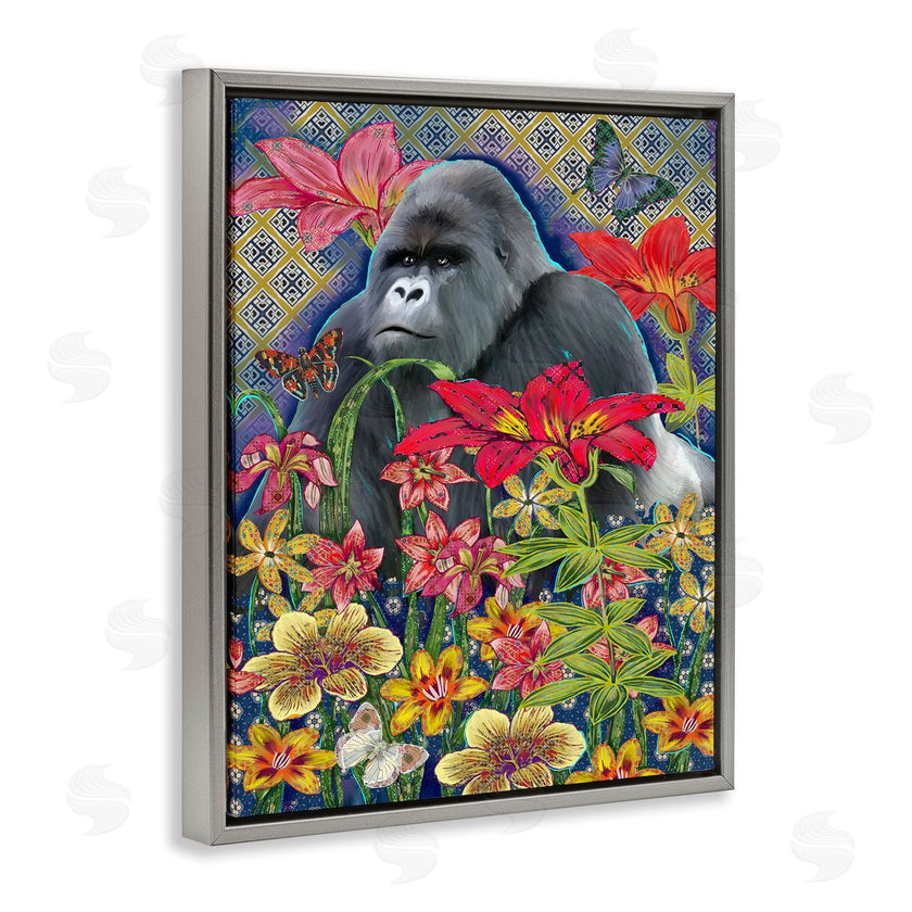 Sangita Bachelet | Gorilla Standing Behind Tropical Florals Geometric Pattern