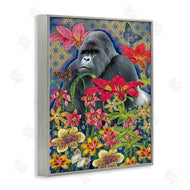 Sangita Bachelet | Gorilla Standing Behind Tropical Florals Geometric Pattern