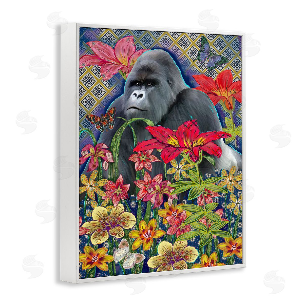 Sangita Bachelet Gorilla Standing Behind Tropical Florals Geometric Pattern White Framed Giclee Wall Art