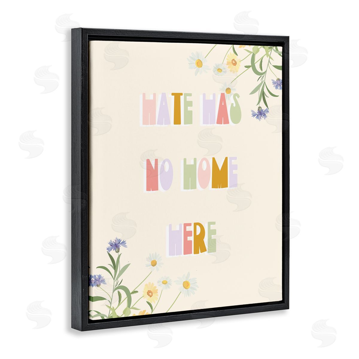 Stupell Studio Hate Has No Home Quote Soft Spring Wildflowers Black Floater Frame Canvas Art
