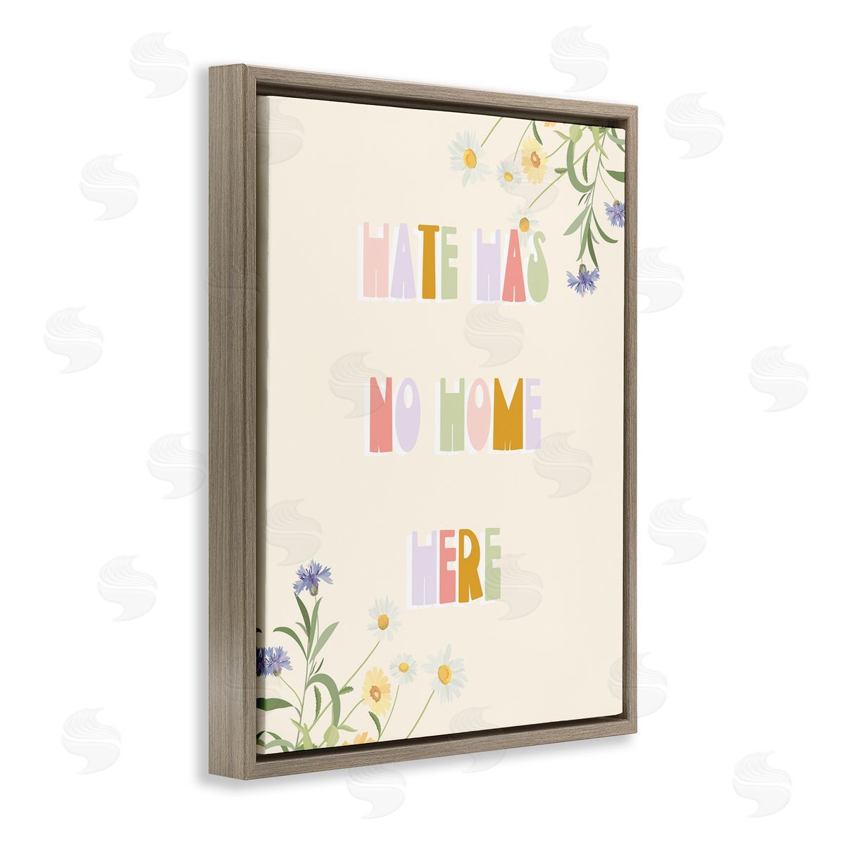 Stupell Studio Hate Has No Home Quote Soft Spring Wildflowers Brown Floater Frame Canvas Art