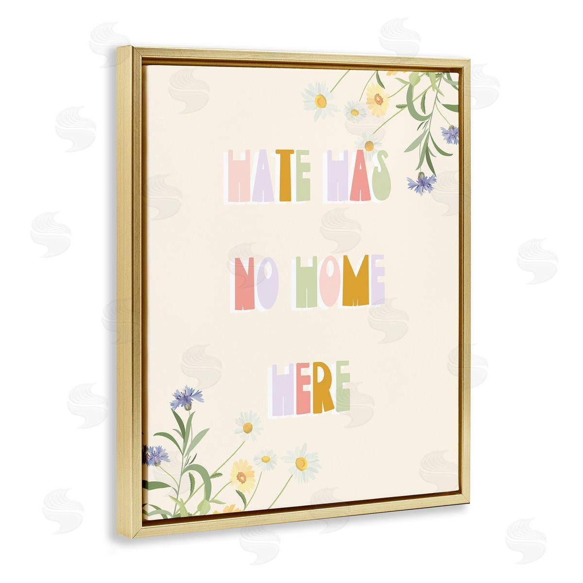 Stupell Studio Hate Has No Home Quote Soft Spring Wildflowers Gold Floater Frame Canvas Art