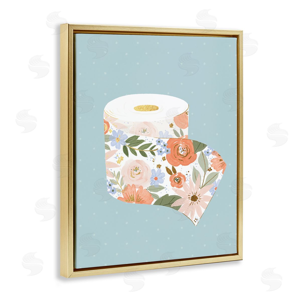 Loni Harris Spring Floral Print Toilet Paper over Blue Gold Floater Frame Canvas Art