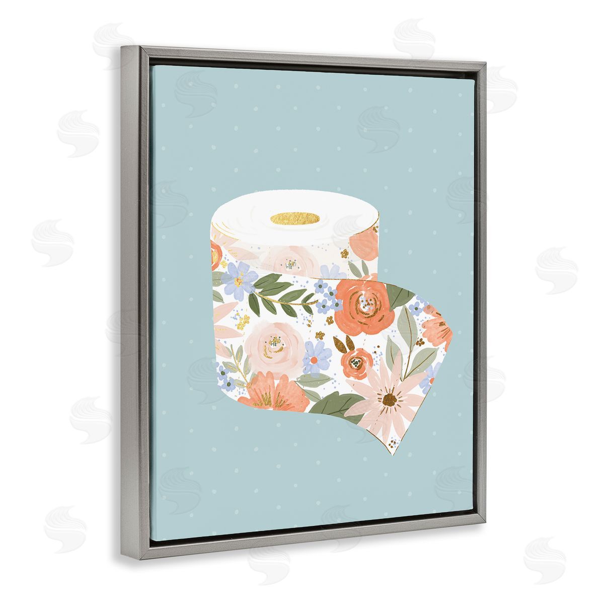 Loni Harris Spring Floral Print Toilet Paper over Blue Gray Floater Frame Canvas Art