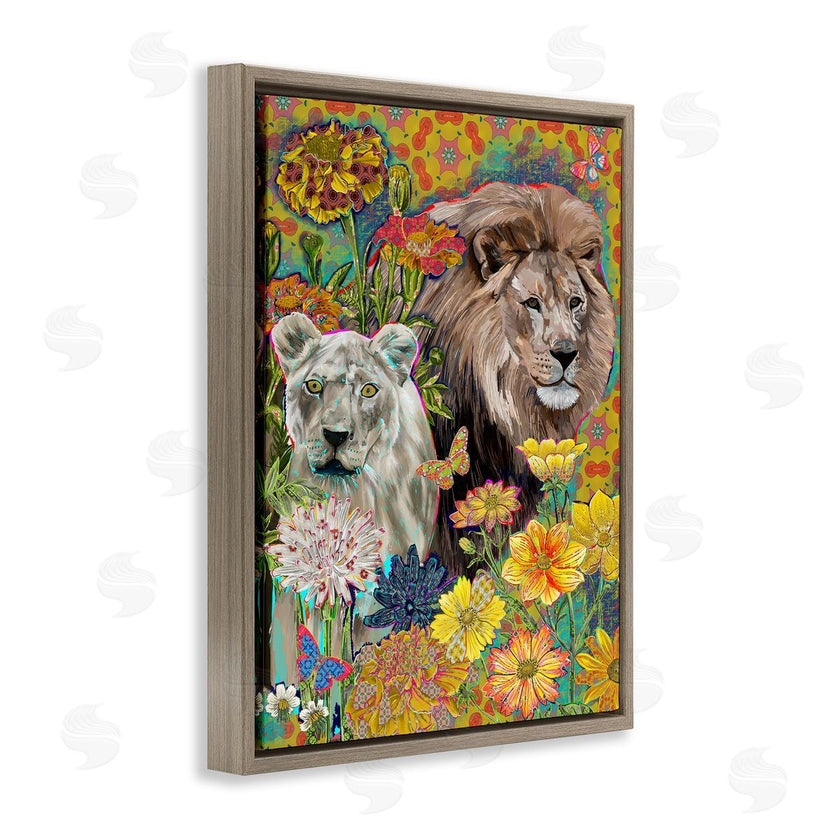Sangita Bachelet | Lion Couple Behind Tropical Florals Arabesque Pattern