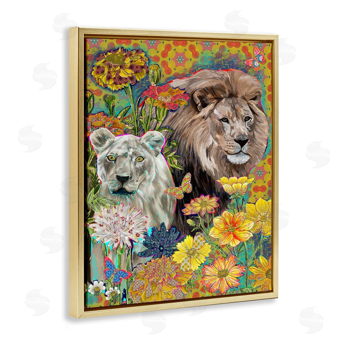 Sangita Bachelet Lion Couple Behind Tropical Florals Arabesque Pattern Gold Floater Frame Canvas Art