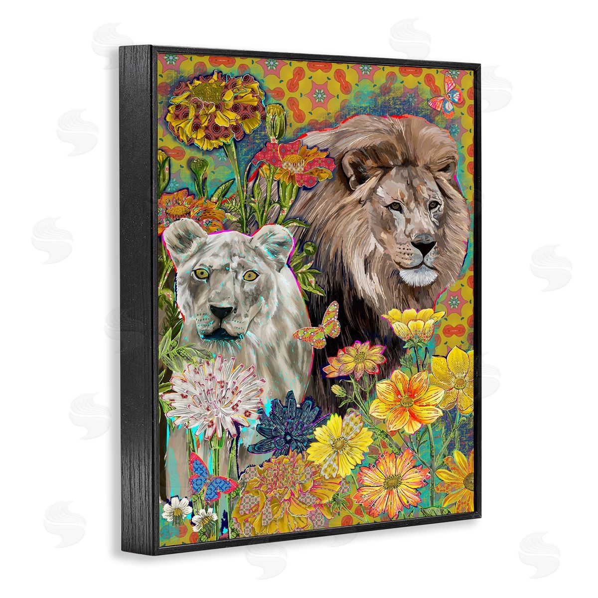 Sangita Bachelet Lion Couple Behind Tropical Florals Arabesque Pattern Black Framed Giclee Wall Art