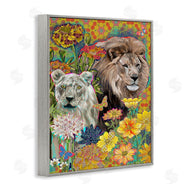 Sangita Bachelet | Lion Couple Behind Tropical Florals Arabesque Pattern