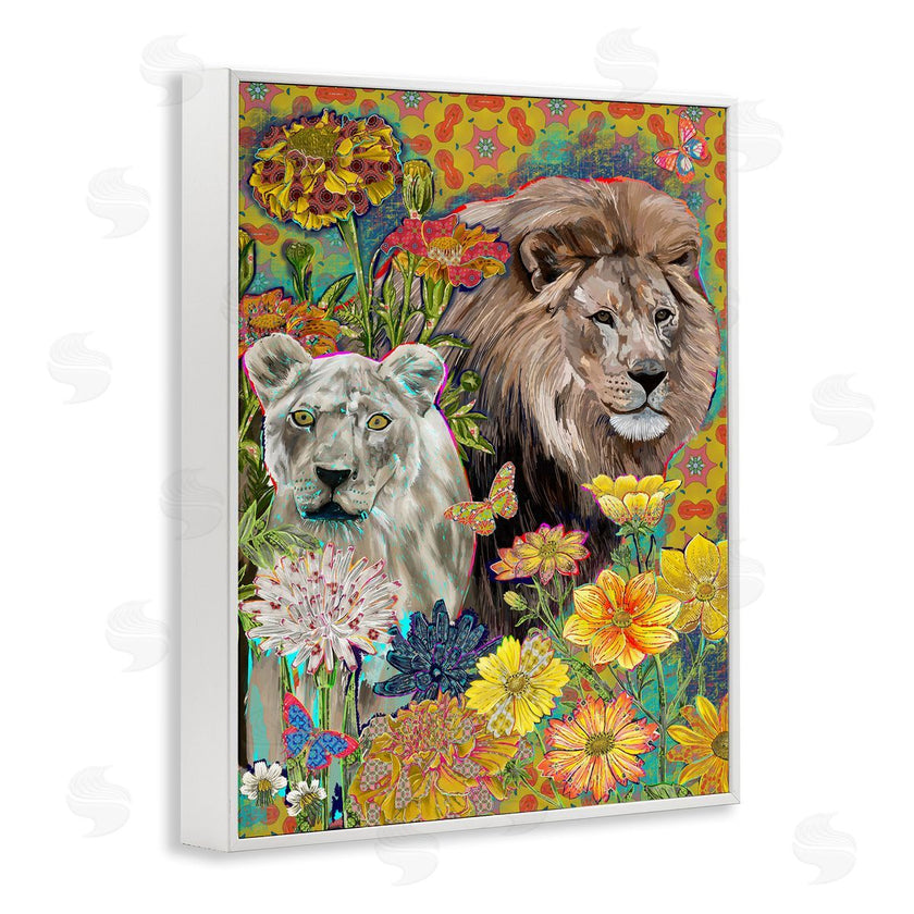 Sangita Bachelet | Lion Couple Behind Tropical Florals Arabesque Pattern