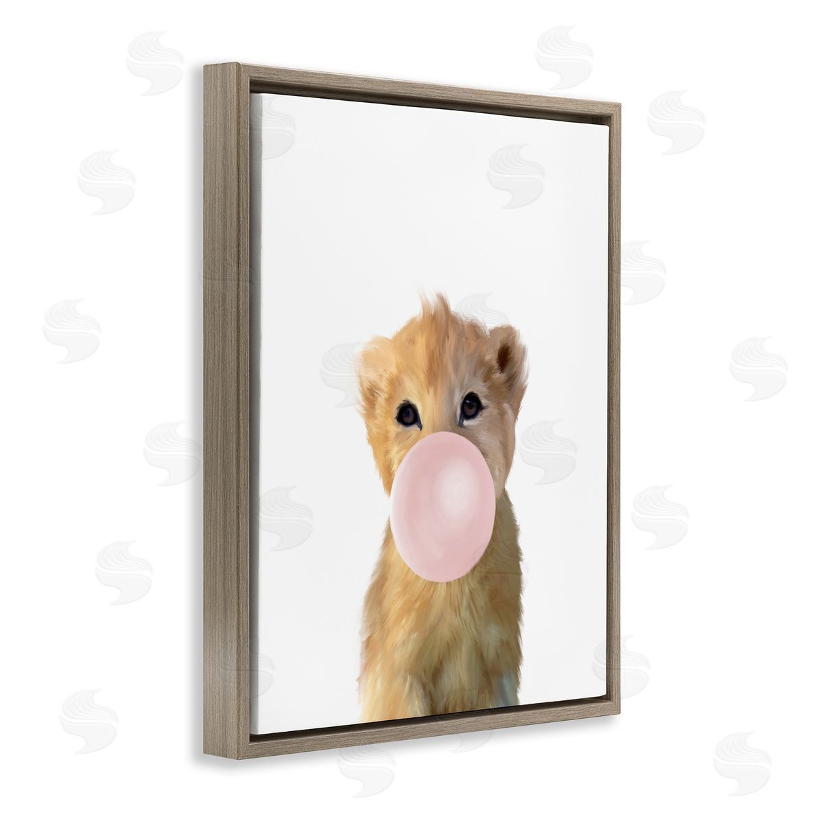 Leah Straatsma Baby Lion with Pink Bubble Gum Jungle Animal Brown Floater Frame Canvas Art